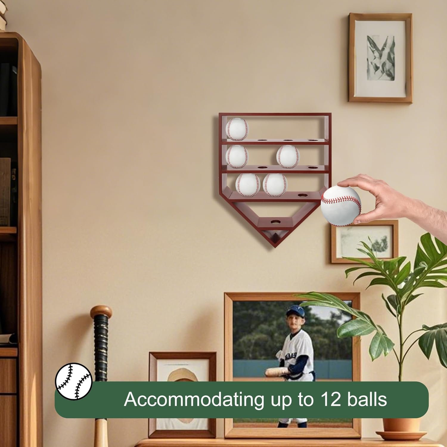 Baseball Display Case & Holder for 12 Balls - Cherry Wooden Shelves | Autographed Baseball Collector Case, Sports Memorabilia Display