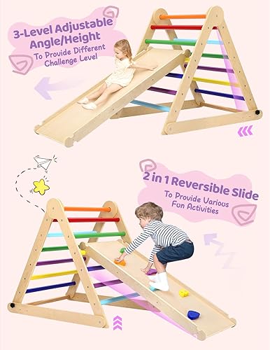 Miniatura 2 de YOLEO Pikler Triángulo trepador, plegable rápido 3 en 1 de aprendizaje temprano Montessori Triángulo de escalada con rampa más gruesa, patio de
