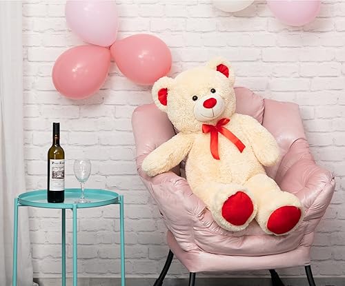 Miniatura 3 de Enorme oso de peluche gigante con lazo de cinta roja para el día de San Valentín, regalo para novia y niños, 36 pulgadas, beige