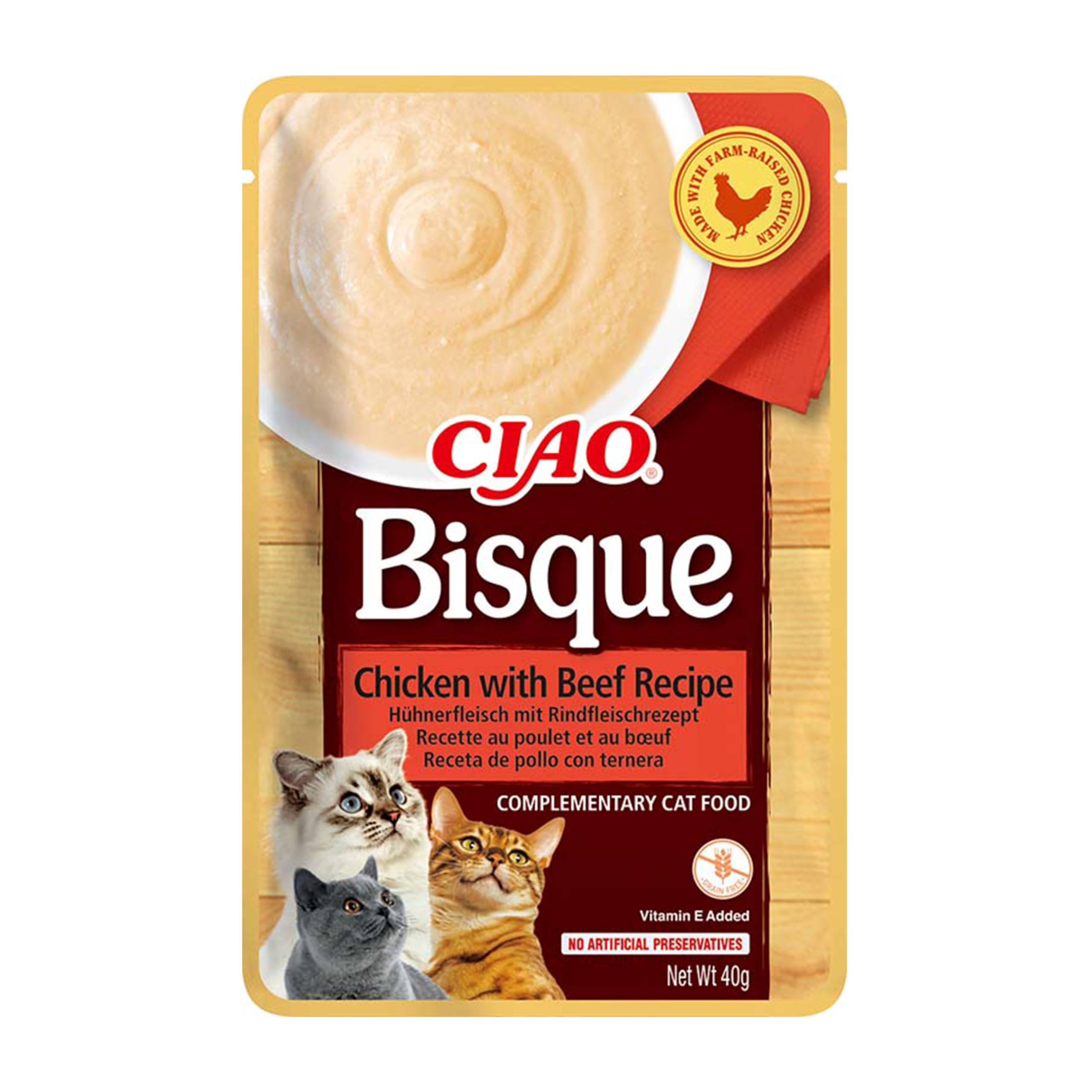 INABA Churu Bisque - Puré para Gatos - Snacks Receta Pollo con Carne - Premios Saludables - Sin Cereales, Conservantes, Colorantes - Sólo 16 Calorías - 40g