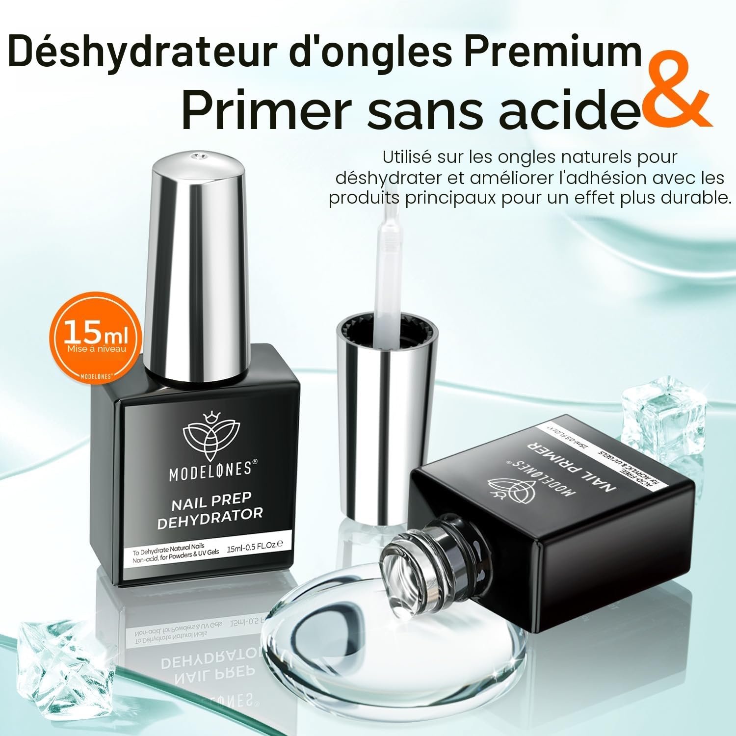 Modelones Primer Ongle Gel UV et Déshydrateur Kit Vernis Semi Permanent pour Acrylique Polygel Vernis à Ongles Nail Prep Déshydratation et Collage Manucure Naturels Air Dry 15 ml 2pcs