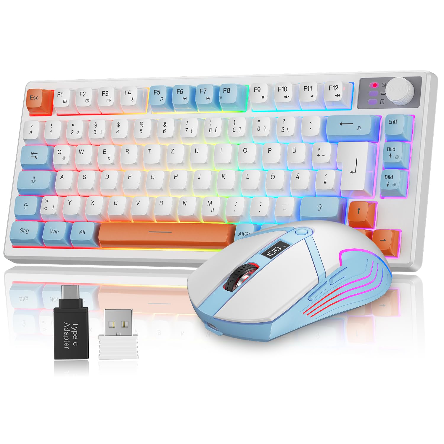 75% Tastatur und Maus Set Kabelloses, QWERTZ DE Layout Kompakte Gaming Tastatur mit Lautstärkeregler, Wiederaufladbare RGB Maus mit Akkuanzeige, Für PC Mac Xbox PS5
