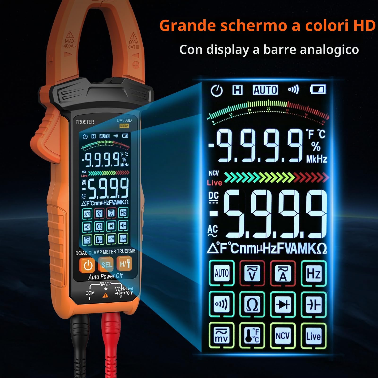 Proster Pinza Amperometrica Intelligente a Nero Auto-Ranging 600 AC/DC Tensione e Corrente 6000 Conti Test di Resistenza/Diodo/Capacitanza/Temperatura/1000kHz/LIVE/NCV con Display Analogico a Barre