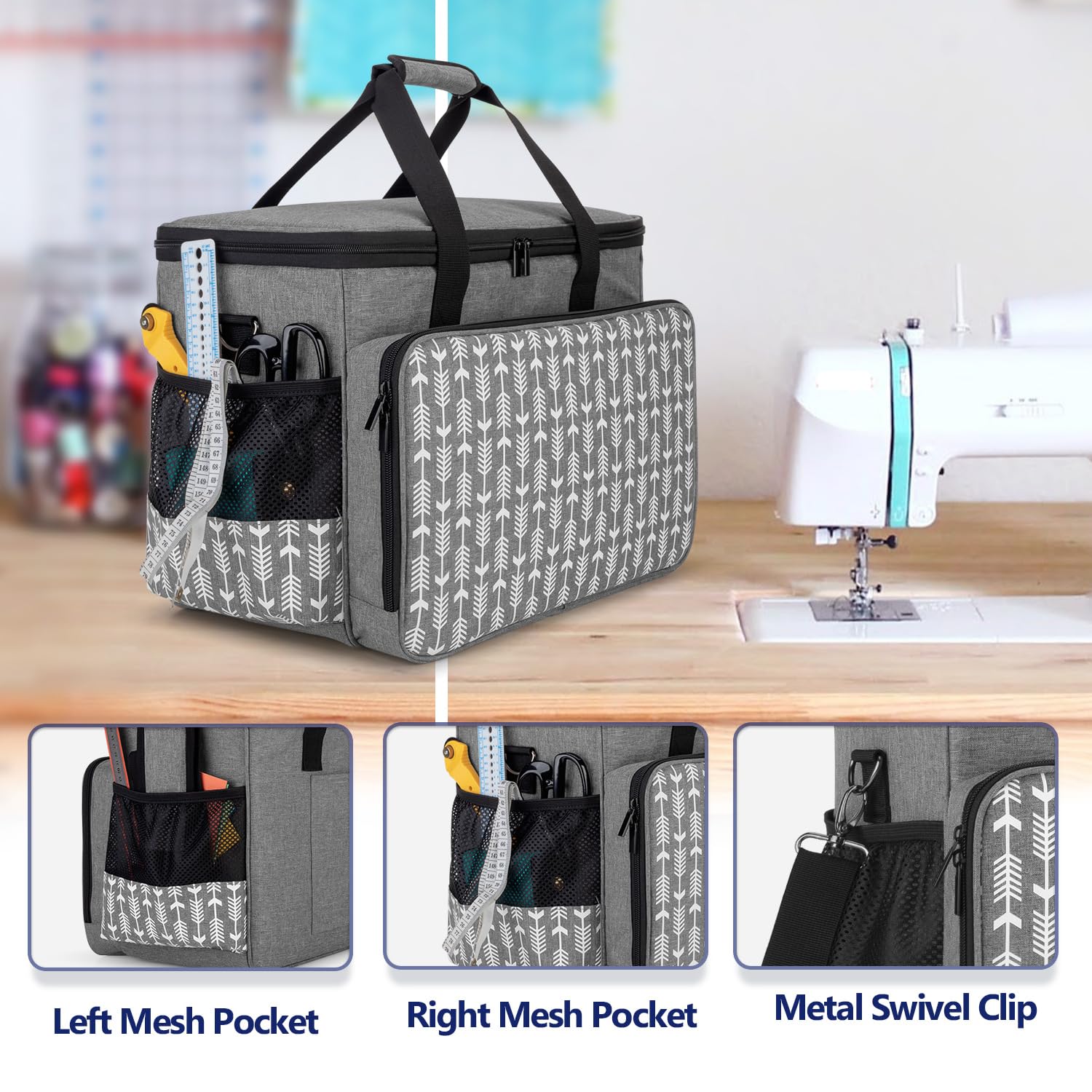Yarwo Sac pour Machine à Coudre, Sac de Transport pour Machine à Coudre avec Planche de Bois pour Soutenir Le Fond, Convient à la Plupart Majeur Machine à Coudre, Gris avec Motif de Flèche | Avec Planche Bois Amovible, Plusieurs Poches, Rembourrage Épais
