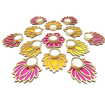 CREYENTES Decorative Lotus Rangoli Set - with Tealight Holder and Tealight Candles,Floor Decoration for Festival, Diwali, Ganesh Chaturthi, Laxmi Pooja, New Year. (6 Yellow+ 6 Pink + Pink Flower)