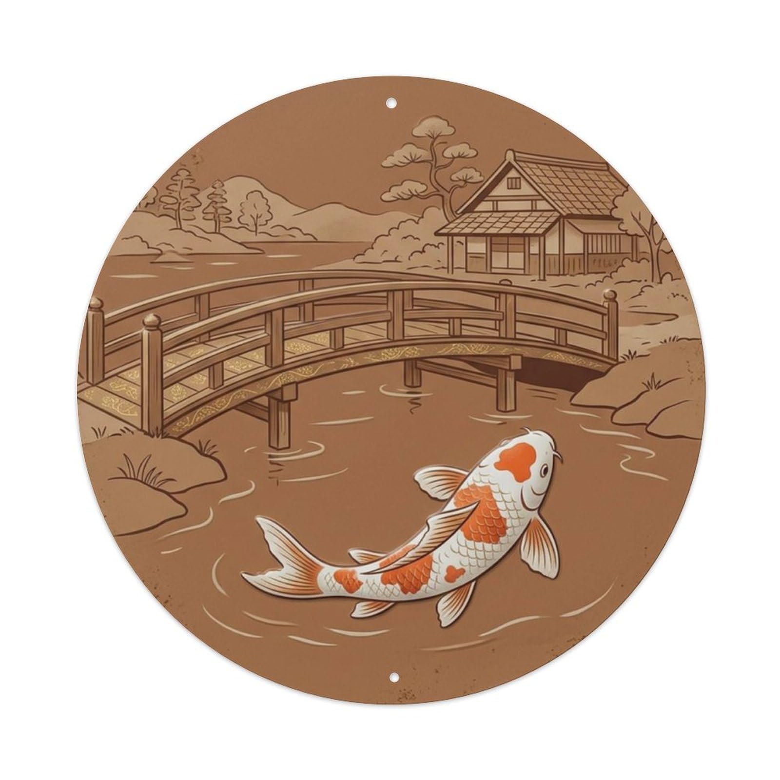 Fqcyn Style Koi Fish Rustic Farmhouse Pond Livingroom Metal Tin Sign Plaque Wall Decor For Cafe, Club Bar, Office, Home Garden Round Metal Poster 8X8inch