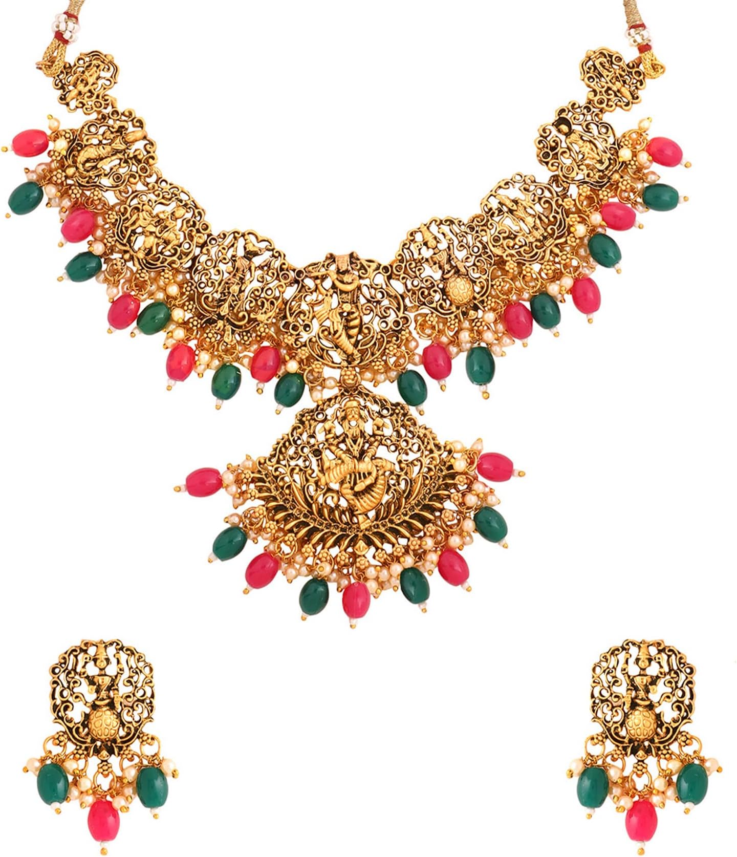 Jewellery Set for Women Gold Plated Traditional Temple Jewelry Set Antique Necklace Set with Earrings and Maangtikka for Women and Girls (JS 18)