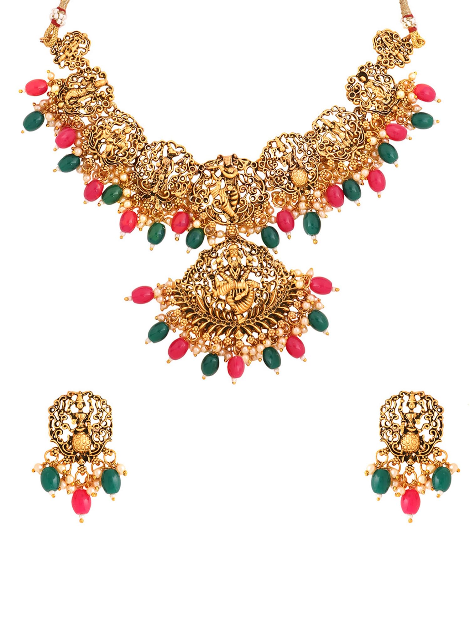 Yellow ChimesJewellery Set for Women Gold Plated Traditional Temple Jewelry Set Antique Necklace Set with Earrings and Maangtikka for Women and Girls