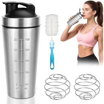 Protein Shaker Stainless Steel 750ml Shake Ball and Cup Brush Double Shake Fitness Cyclist Gift Silver