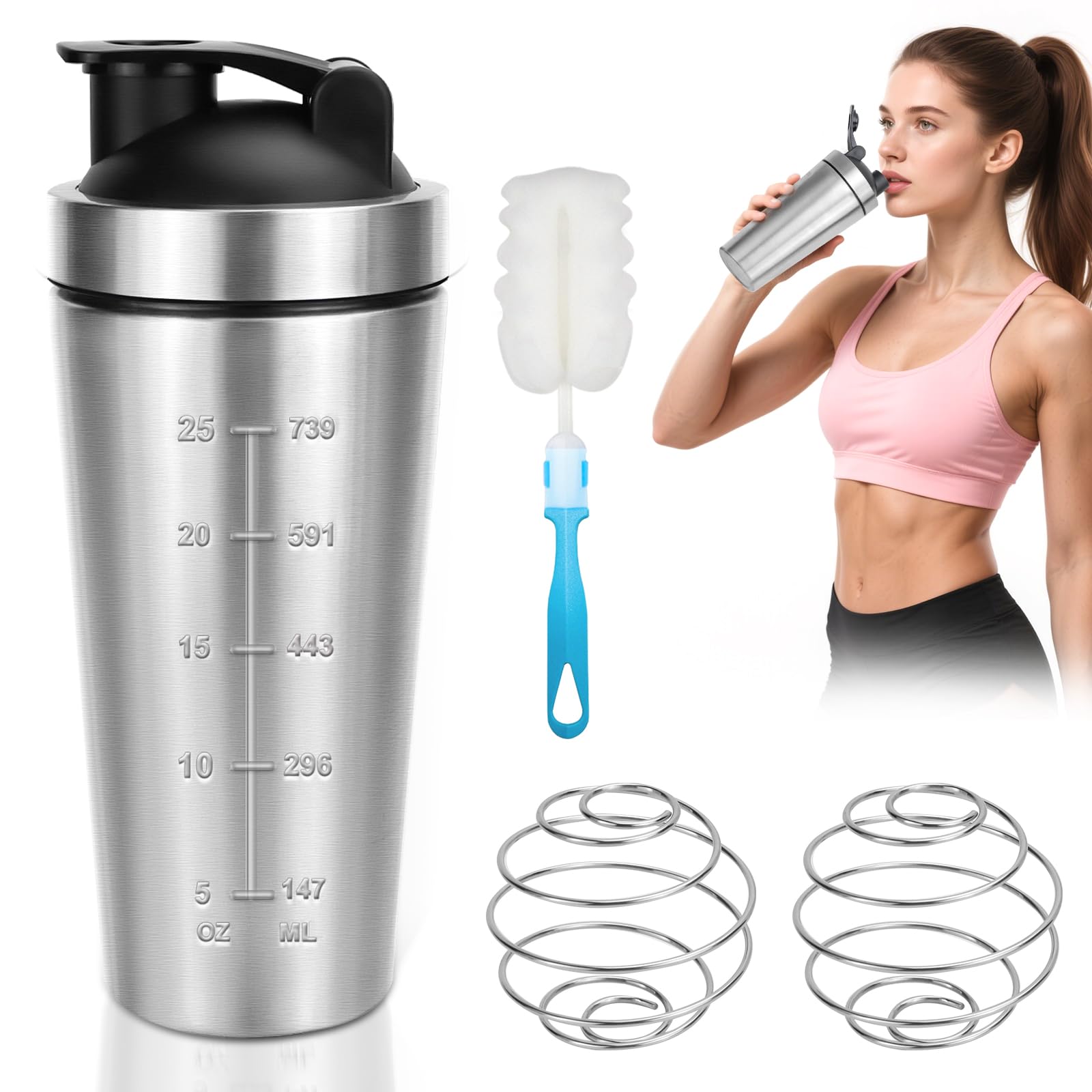 Protein Shaker Stainless Steel 750ml Shake Ball and Cup Brush Double Shake Fitness Cyclist Gift Silver-image-13