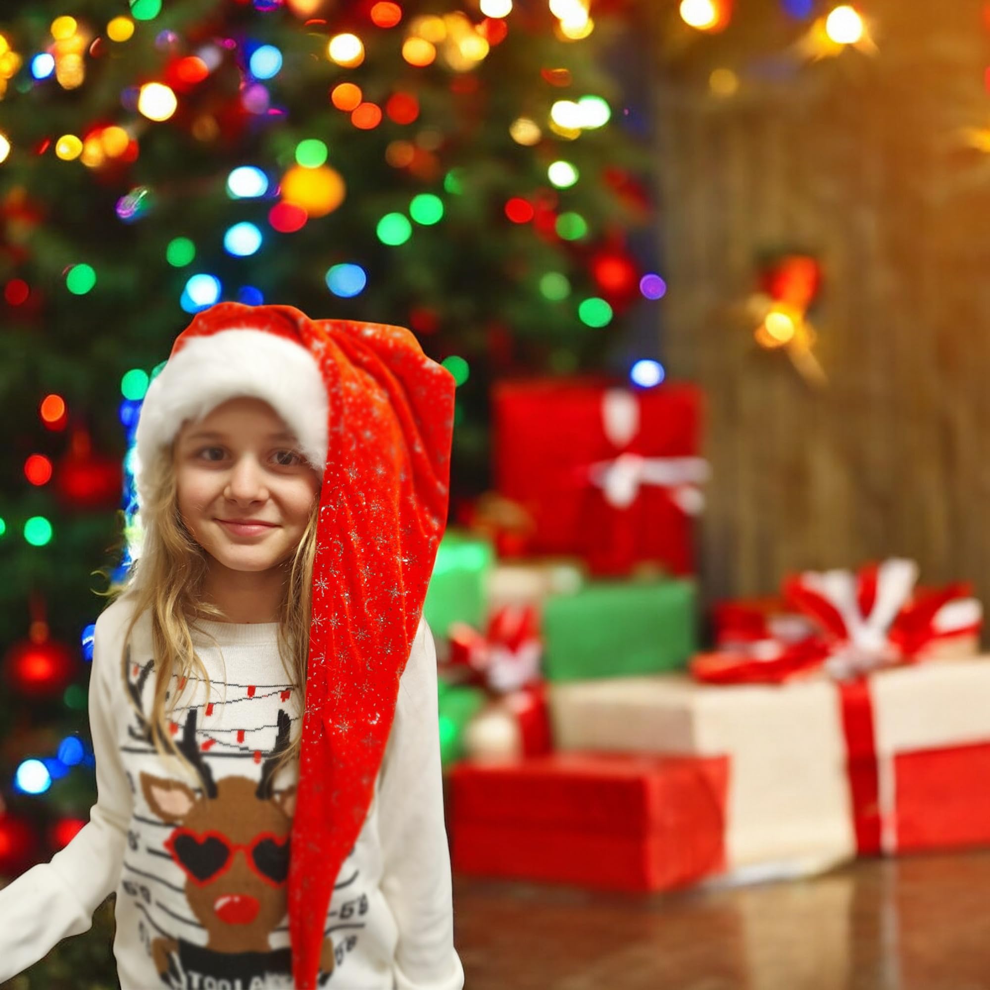 Ciffre 3 er Set Lange Weihnachtsmütze Nikolausmütze Rot Plüsch mit Glitzer Staub X5