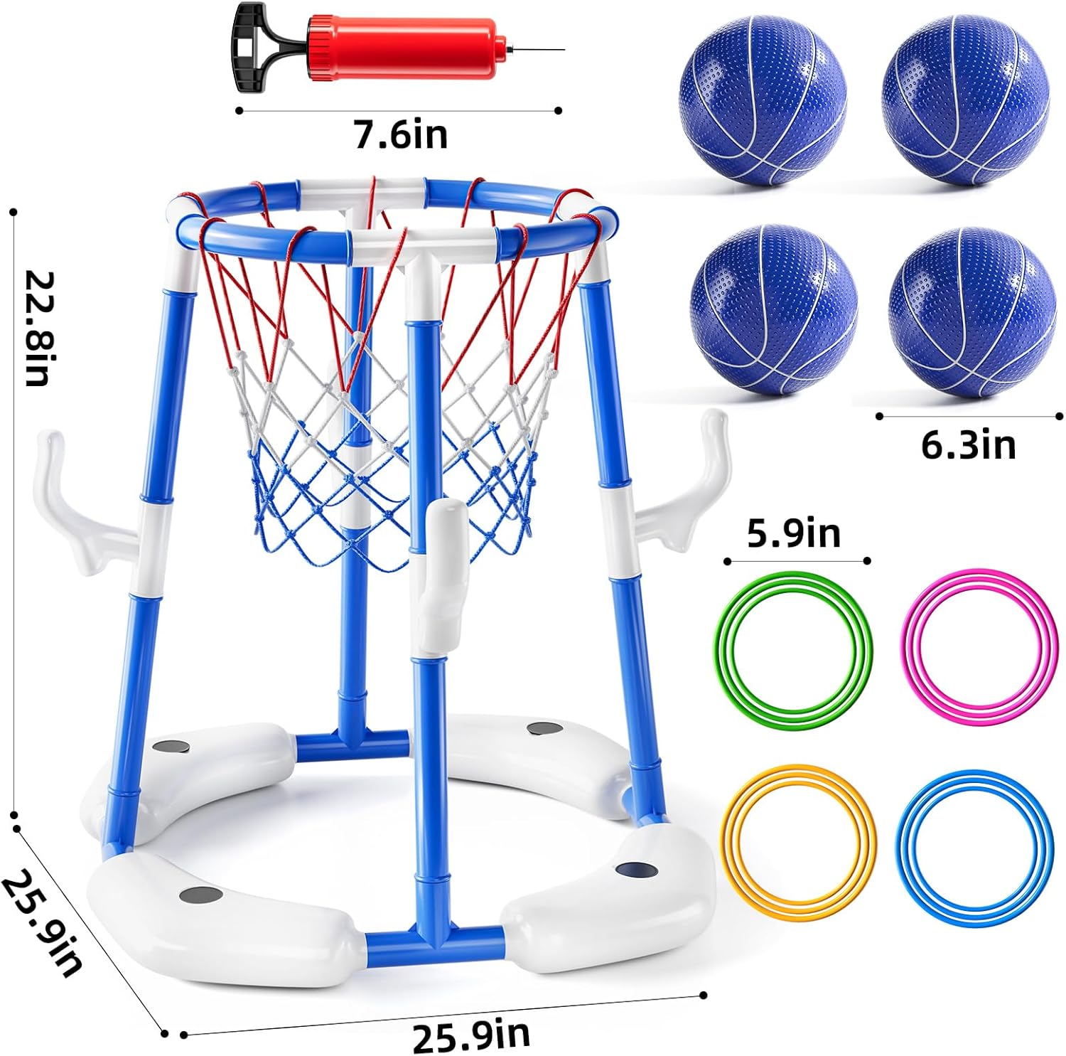 Swimming Pool Basketball Hoop Toy for Kids 2 3 4 5 6 Years Old - Floating Pool Basketball Game Toys with 4 Balls Air-Pump, Outdoor Play, Poolside Summer Water for Boys Girls Age 4-8-12(Blue)