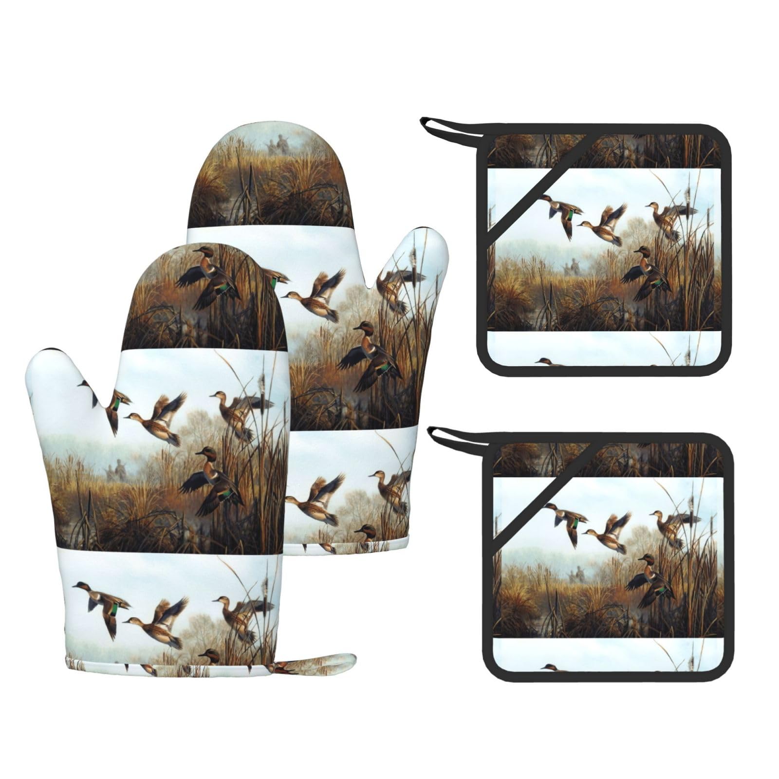 Hunting Flying Wild Printed Cooking Mitts and Pot Holders 4 Pcs, Heat Resistant Oven Gloves with Hanging Loop Chef