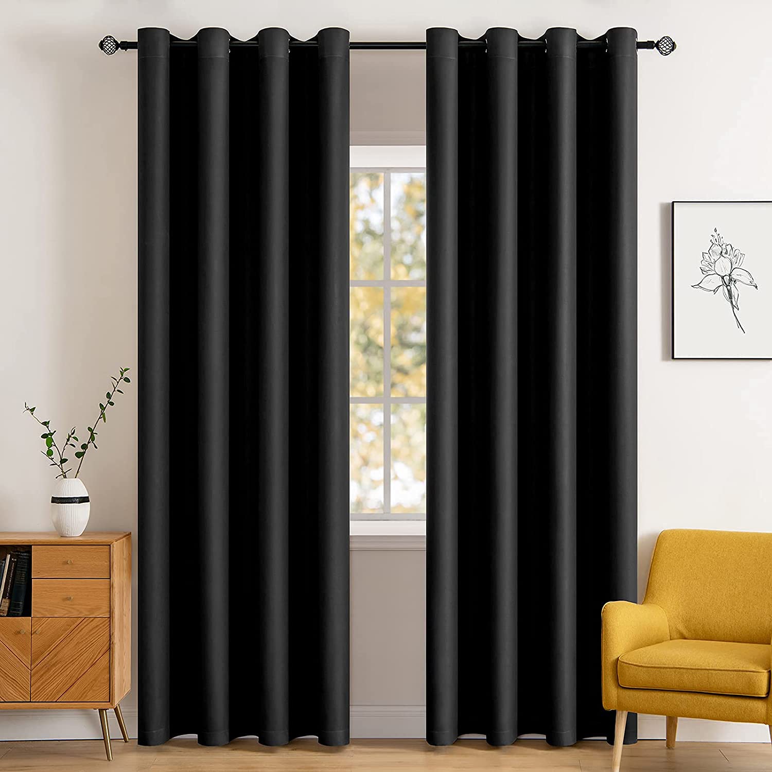 miulee blackout curtains room darkening thermal insulated drapes solid window treatment set grommet top light blocking curtain for living room/bedroom 2 panels 52 x 84 inch black