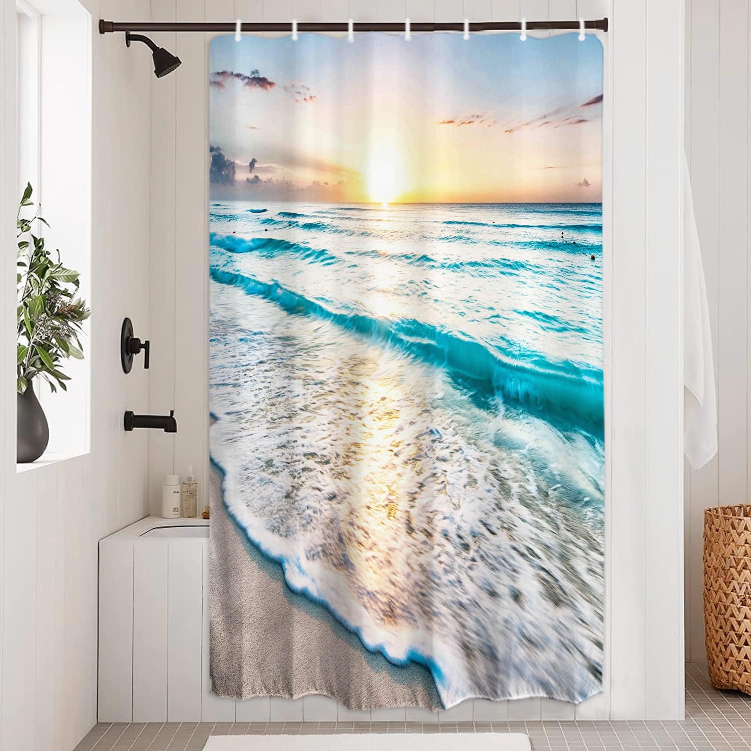 Baccessor Tropical Beach Shower Curtain Seashore Theme Sunrise Hawaiian Blue Ocean Shower Curtain Waterproof Fabric Aesthetic Bathroom Decor with Hooks 72" W x 72" H : Home & Kitchen