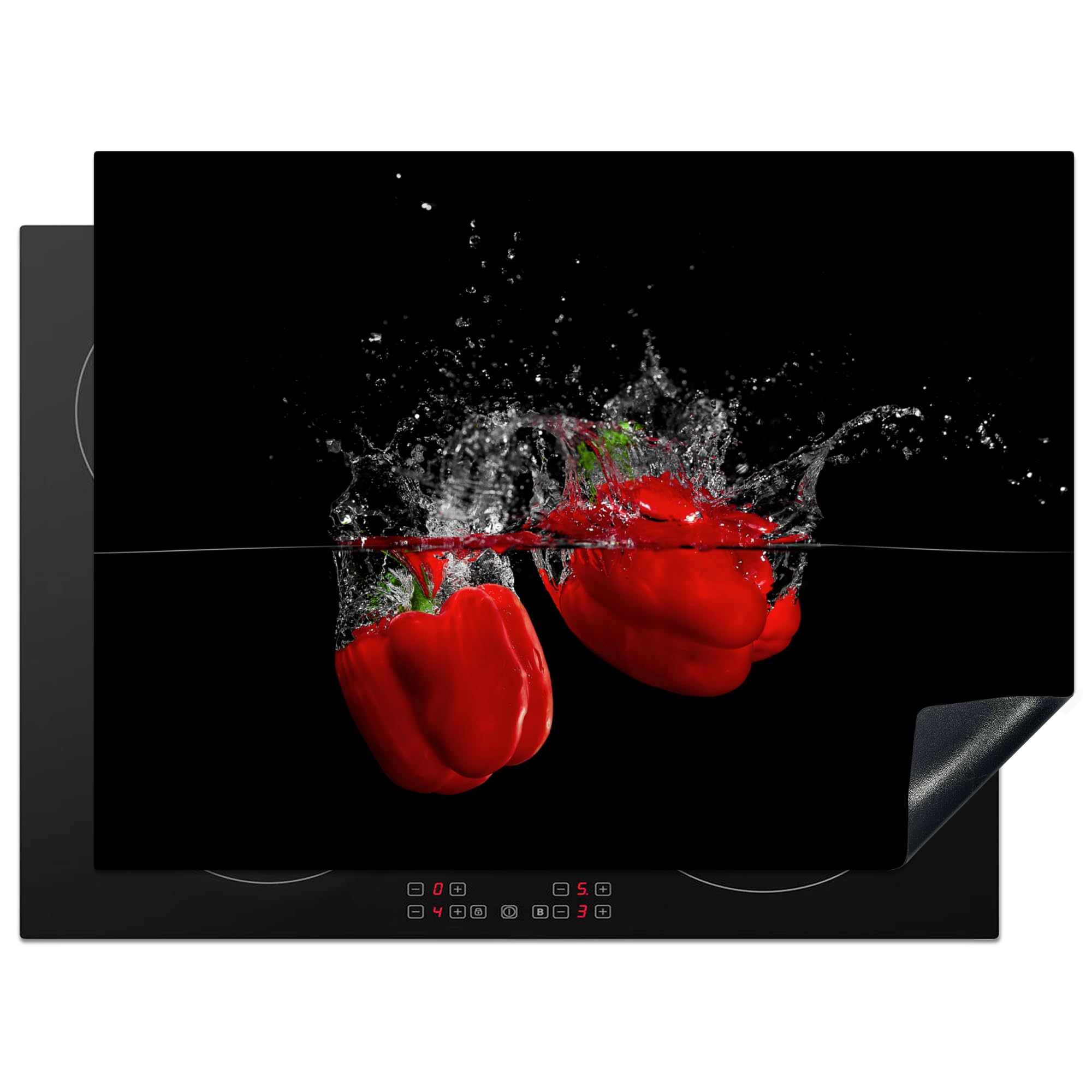 KitchenYeah© Induction Hob Protector Mat 20.5"x28" / 71x52 cm Stove Cap Top Cover Kitchen Cooker Covers for Electric Hobs Vinyl Pepper - Vegetable - Still Life - Water - Red