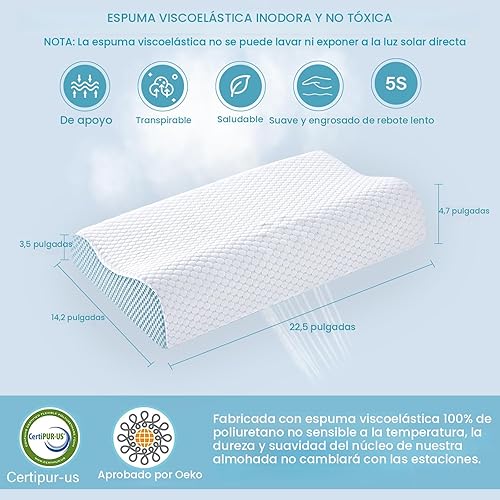 Miniatura 6 de Paquete de 2 almohadas refrescantes de espuma viscoelástica para dormir, almohada cervical ergonómica para aliviar el dolor de cuello y hombros,