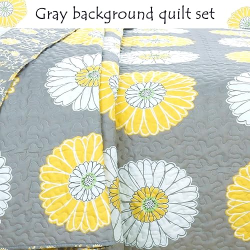 Miniatura 4 de Cozy Line Home Fashions Juego de ropa de cama reversible reversible con diseño floral de margaritas, blanco, gris, amarillo, blanco, gris, colcha