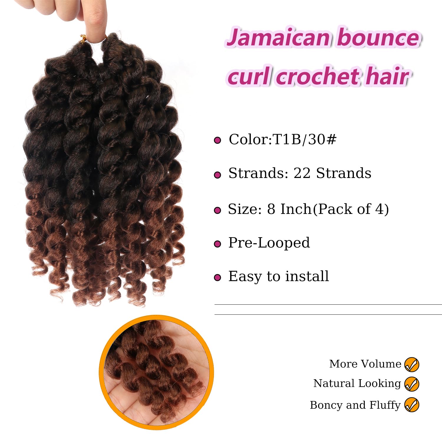 HBNK 8 Inch Jamaican Bounce Curl Crochet Hair 4 Packs 88 Roots Wand Curl Crochet Hair For Black Women (8 Inch (Pack of 4), T1B-30#)