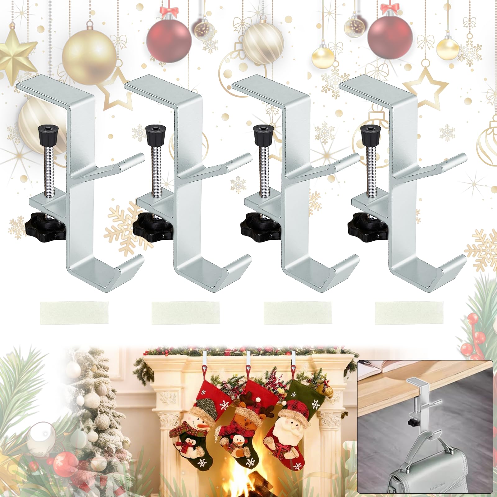 4PCS Mantle Hanger Hook for Garland, Fireplace Xmas Stockings Hangers Pole with 2 Hooks, Aluminum Adjustable Heavy Duty Stockings Holder Suitable for Shelf Table Edge (White)