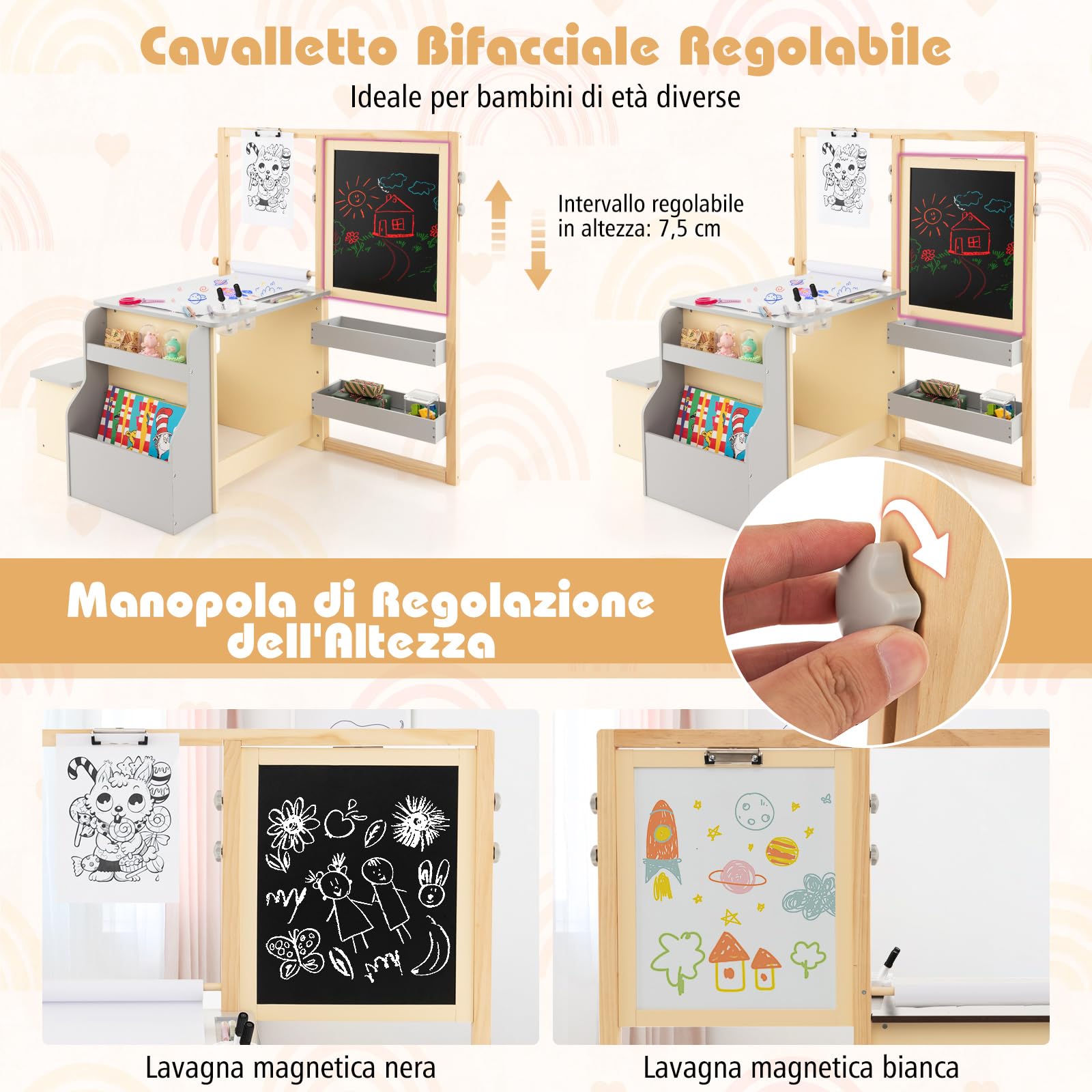 RELAX4LIFE Set Tavolo con Sedie 3 in 1, Cavalletto Regolabile/Scaffale/Scrivania/Lavagna Bianca/Lavagna Nera/Libreria con Tazze,Pennarelli,Gomma, Gessetti,114x81x100 cm (GRIGIO)