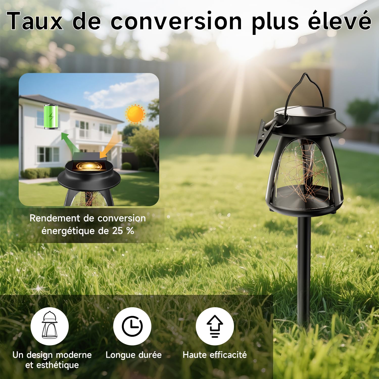Lot de 4 Lanternes Solaires Extérieures 2 en 1 – Éclairage de Chemin à Intensité Améliorée, Étanche, Fixation Polyvalente (Suspension, Pince ou Piquet) – Idéal pour Jardin, Terrasse et Allée