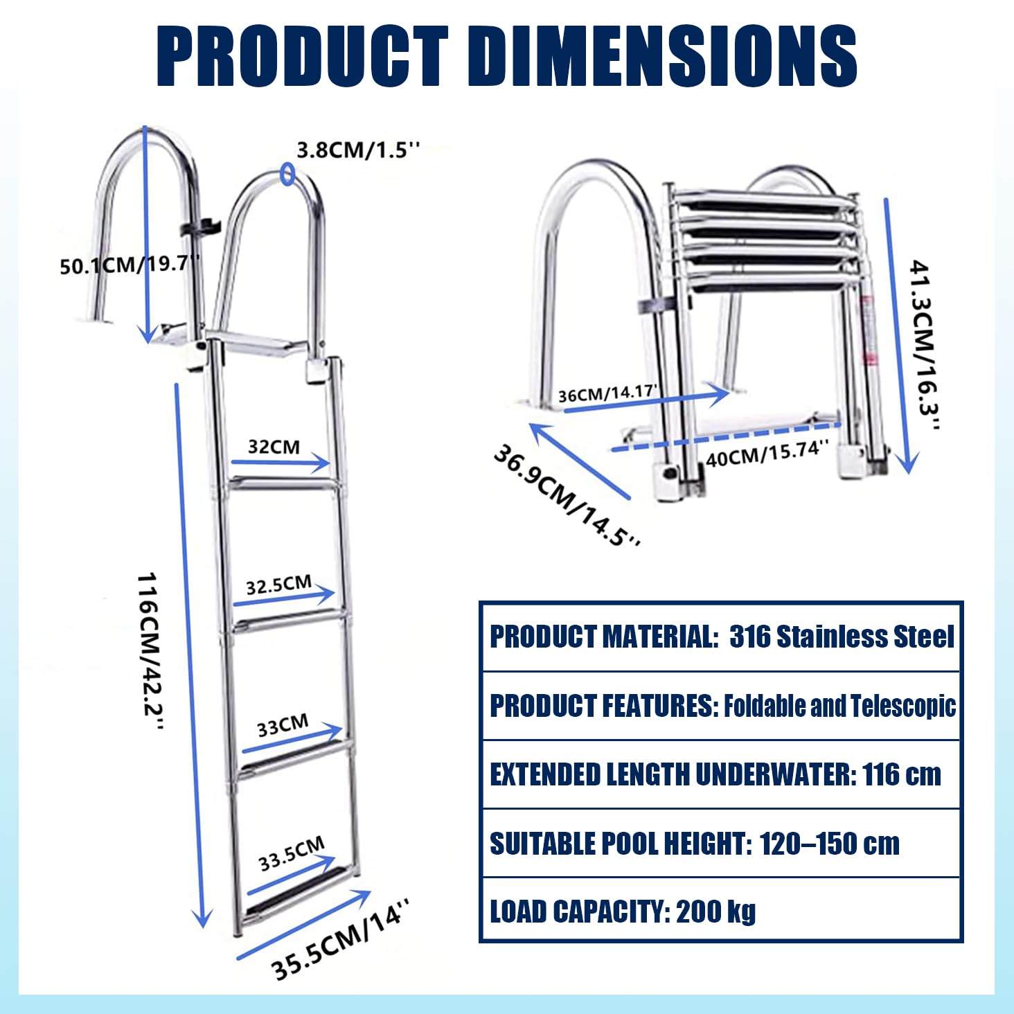 Edelstahl Poolleiter klappbar 120/122/132/135/150 cm Poolhöhe, Stabile extra breite Schwimmbadleiter für Salzwasser, Pooltreppe für Rundpool & klappbare Bootsleiter