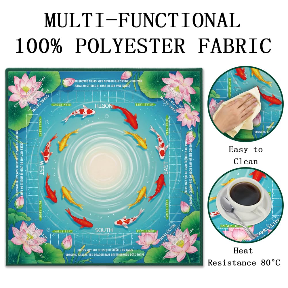 FINGERINSPIRE Tappetino portatile Mahjong con motivo pesce loto, con borsa per il trasporto, 80 x 80 cm, antiscivolo, antirumore, in stile cinese, adatto per giochi di carte