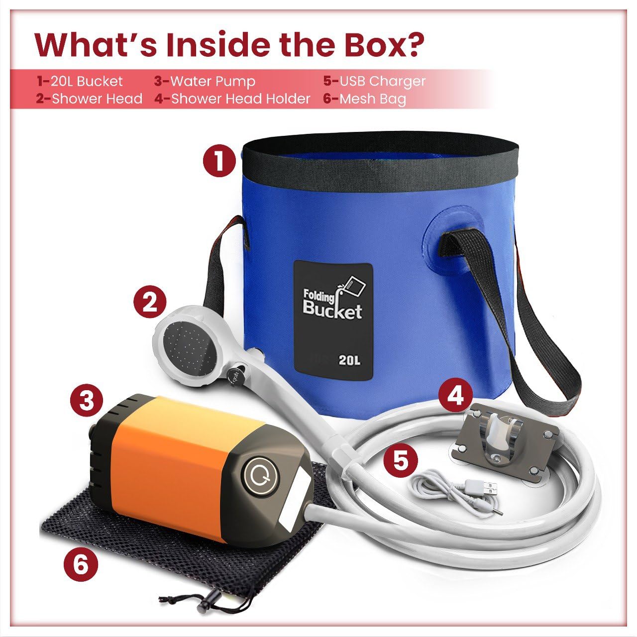 Elil Portable Camping Shower Pump with 3 Gallon Collapsible Bucket - Rechargeable Battery Camp Shower Electric Shower, Portable Shower for Camping Shower Tents (Shower Pump + 5 Gal Bucket)