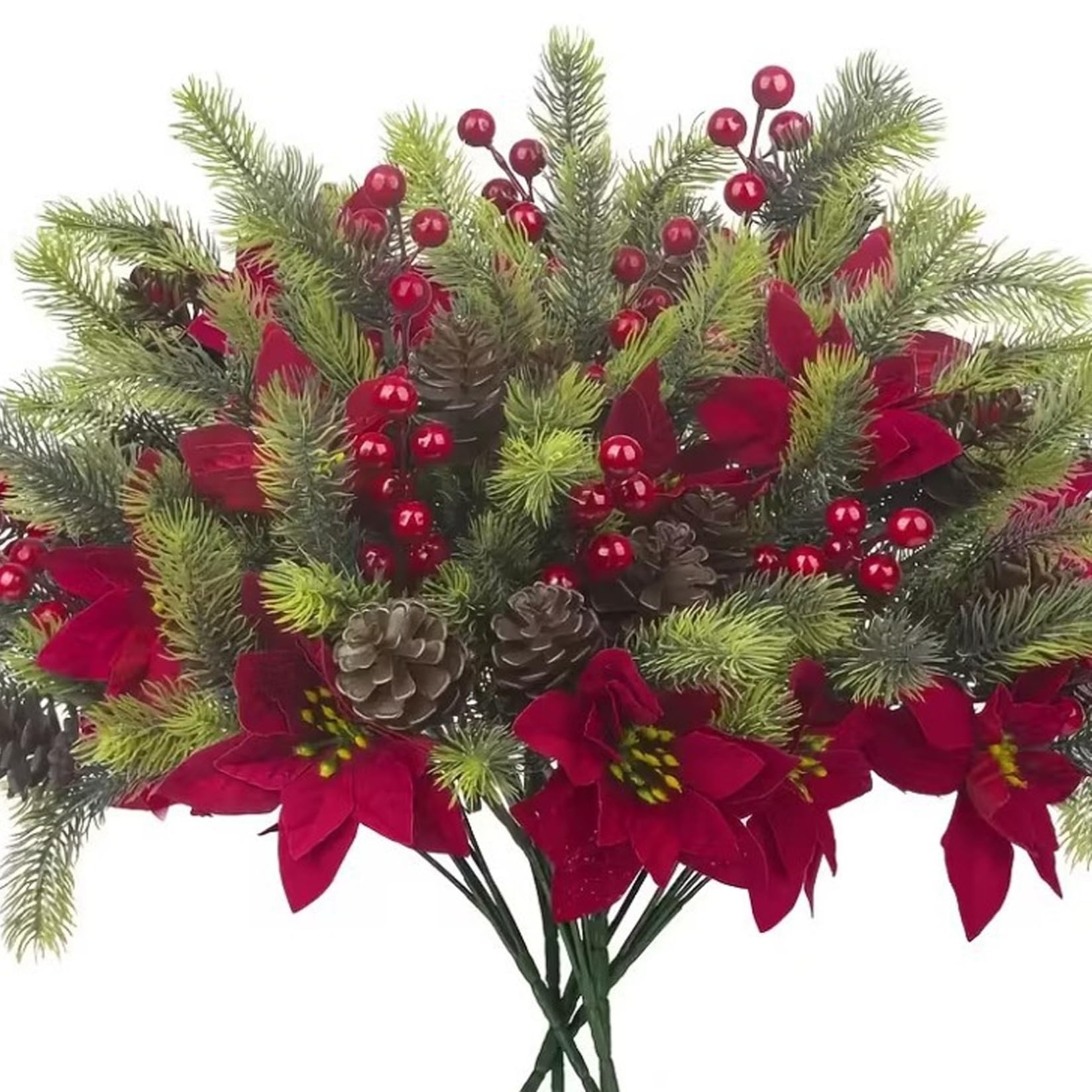 Ngbbby Green Christmas Artificial Pine Branches, Christmas Flowers 6Pcs, Artificial Red Berry Pine Branches, Berries Picks