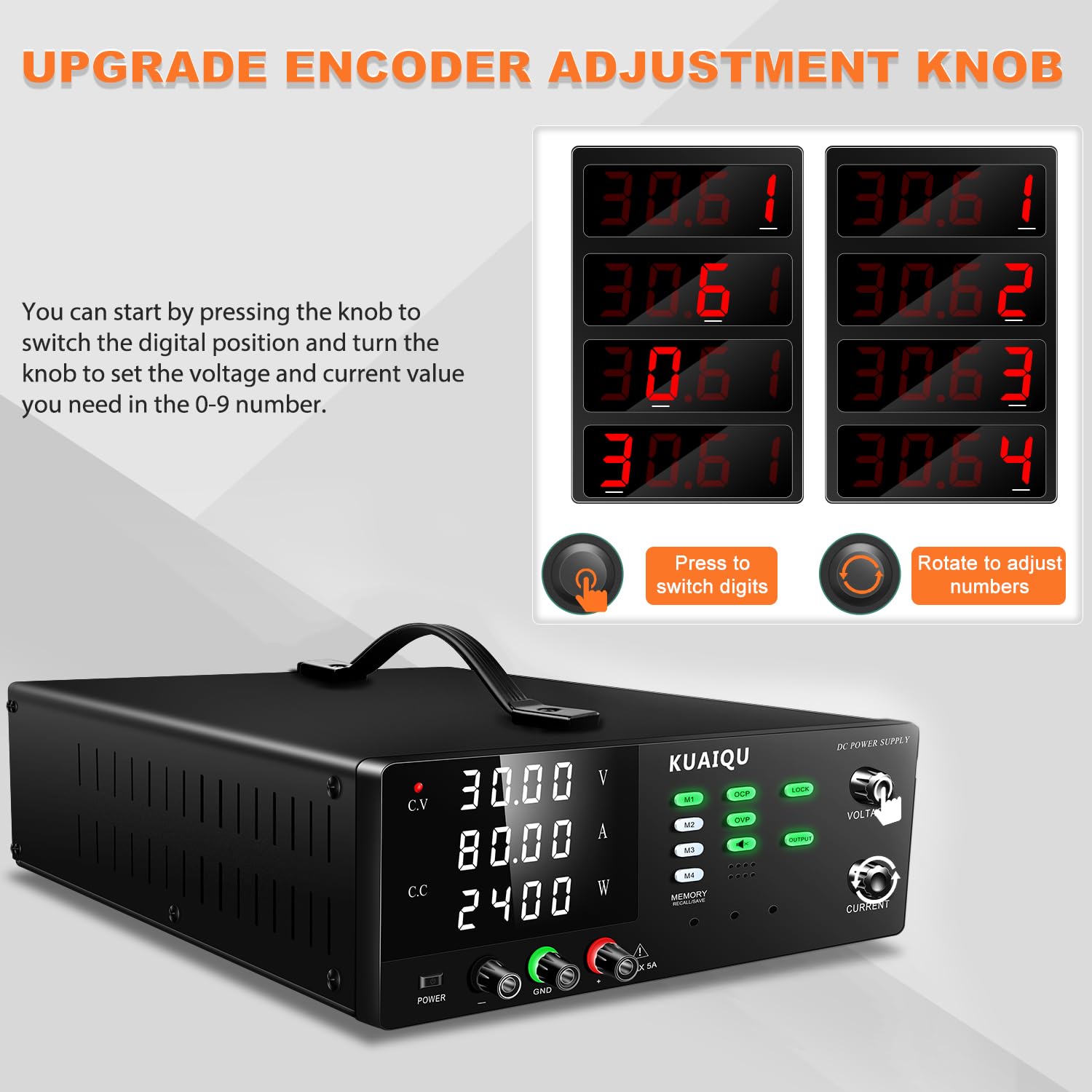 Alimentation de Laboratoire 30V 80A 2400W Haute Puissance Alimentation Stabilisée Réglable avec Mémoire/OCP/OVP/Output/Encodeur d'alimentation Laboratoire pour Laboratoire/Test de Batteries