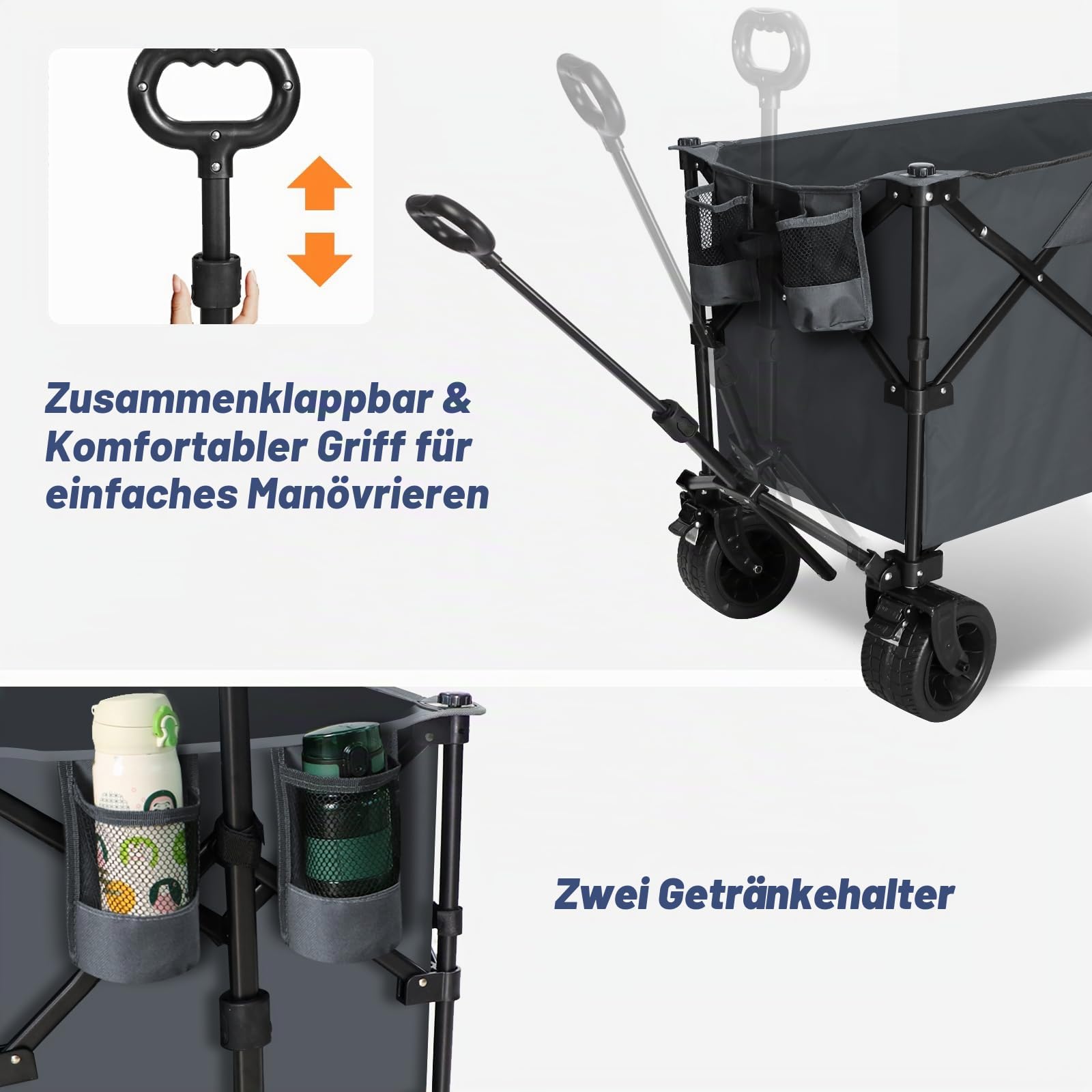 Chihee Handwagen Gartenwagen Zusammenklappbar Außenbereich Dienstprogramm Wagen,Strandwagen 220L,Hochbelastbar Tragbar All Terrain Räder Übergroße Tasche 1 klappbarer Schreibtisch 2 Getränkehalter