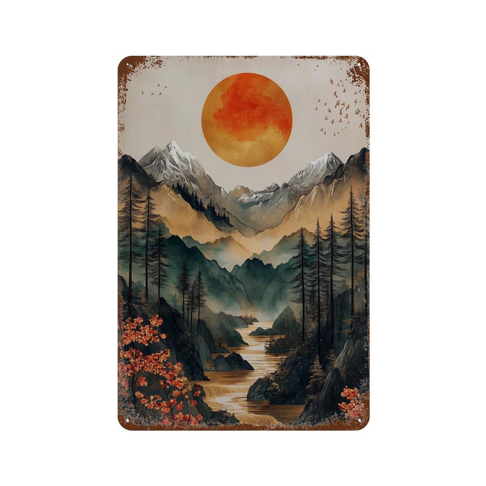 xiaoxiaoshen Sun Over Mountain Valley Japanese Landscape Tranquil Nature Scene Wall Decor Art Metal Tin Poster Modern Home Decor Art Home Bar Shop Decorations Vintage Sign 30x20cm