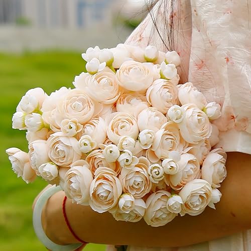 Miniatura 4 de VIKINGS PANDA 24 flores artificiales de ranúnculo con tallos de tacto real y flores de seda para ceremonia de boda y decoración del hogar (rojo)