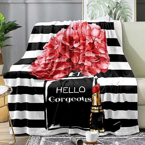 Miniatura 8 de LUVIVIHOME Manta de maquillaje con purpurina dorada, Hello Horgeous Pink Floral Perfume a la moda, manta de rayas blancas y negras, manta