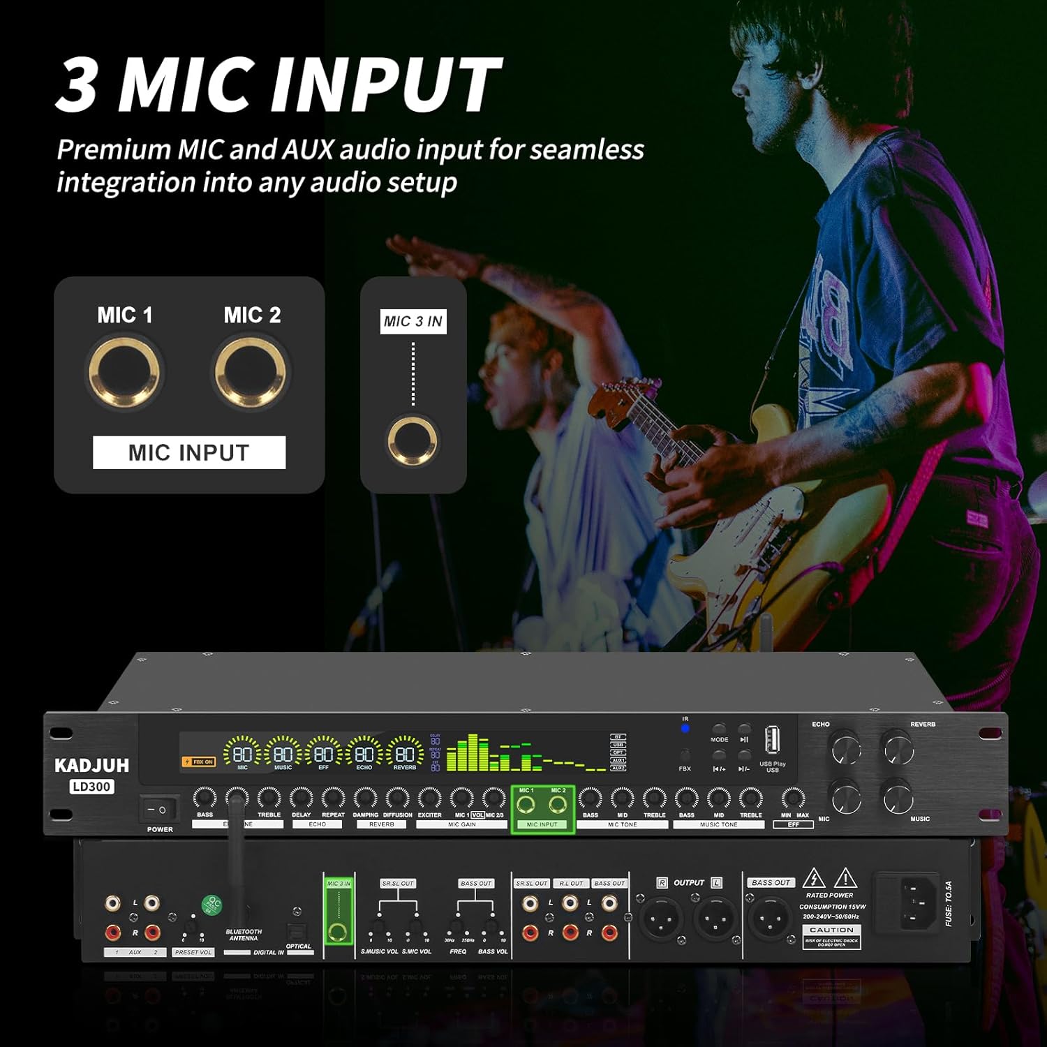LD300 Professional KTV Digital Pre-stage Effector Anti-howling Audio Processor Echo USB MP3 Bluetooth Optical, 3 Mic Inpout For Household Reverberator Karaoke,Stage,Church, Performance