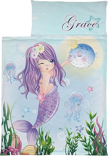 Tapete personalizado para siesta de sirena para niñas, saco de dormir personalizado con nombre, almohadilla para siesta con funda de almohada y