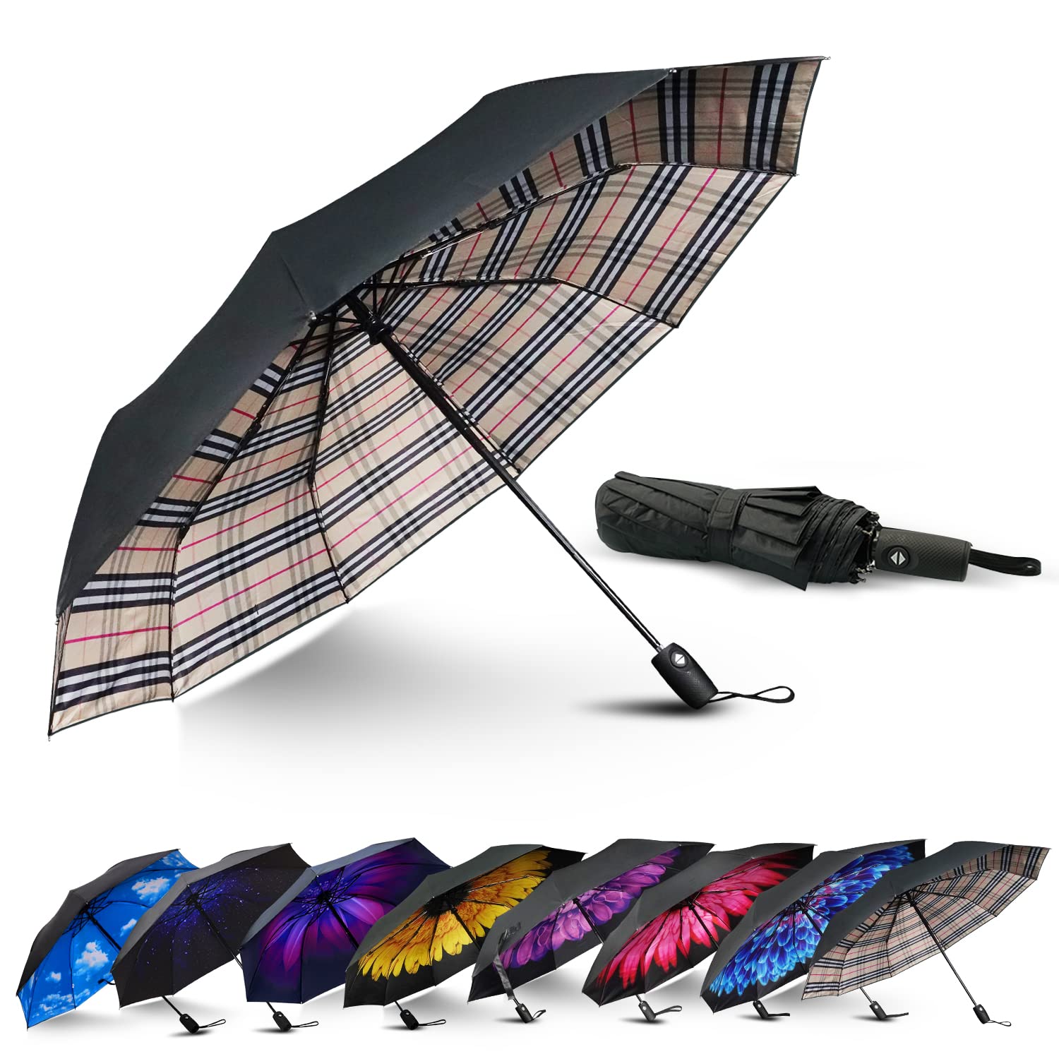 LLanxiry Compact Travel Umbrella, Automatic Open/Close Windproof Umbrella, 10 Fiberglass Ribs, 210T Pongee, UPF 50+ Sun/Rain, Lightweight Portable