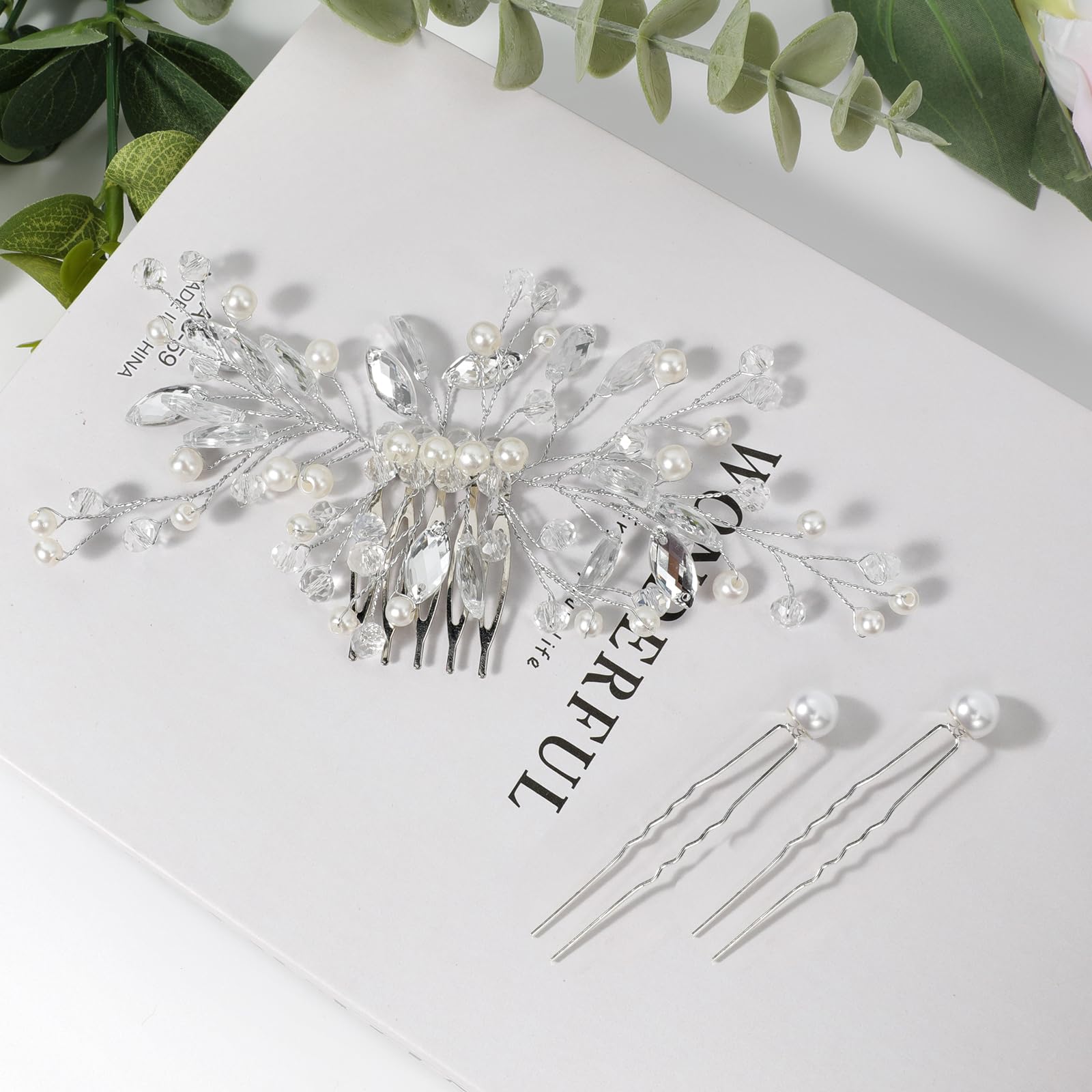 Haarkamm Hochzeit und 8 Stück Haarspange Perlen, Braut Haarschmuck Hochzeit Silber, Kristall Haarschmuck Blumen, Brautschmuck Haare, Haarnadeln Hochzeit