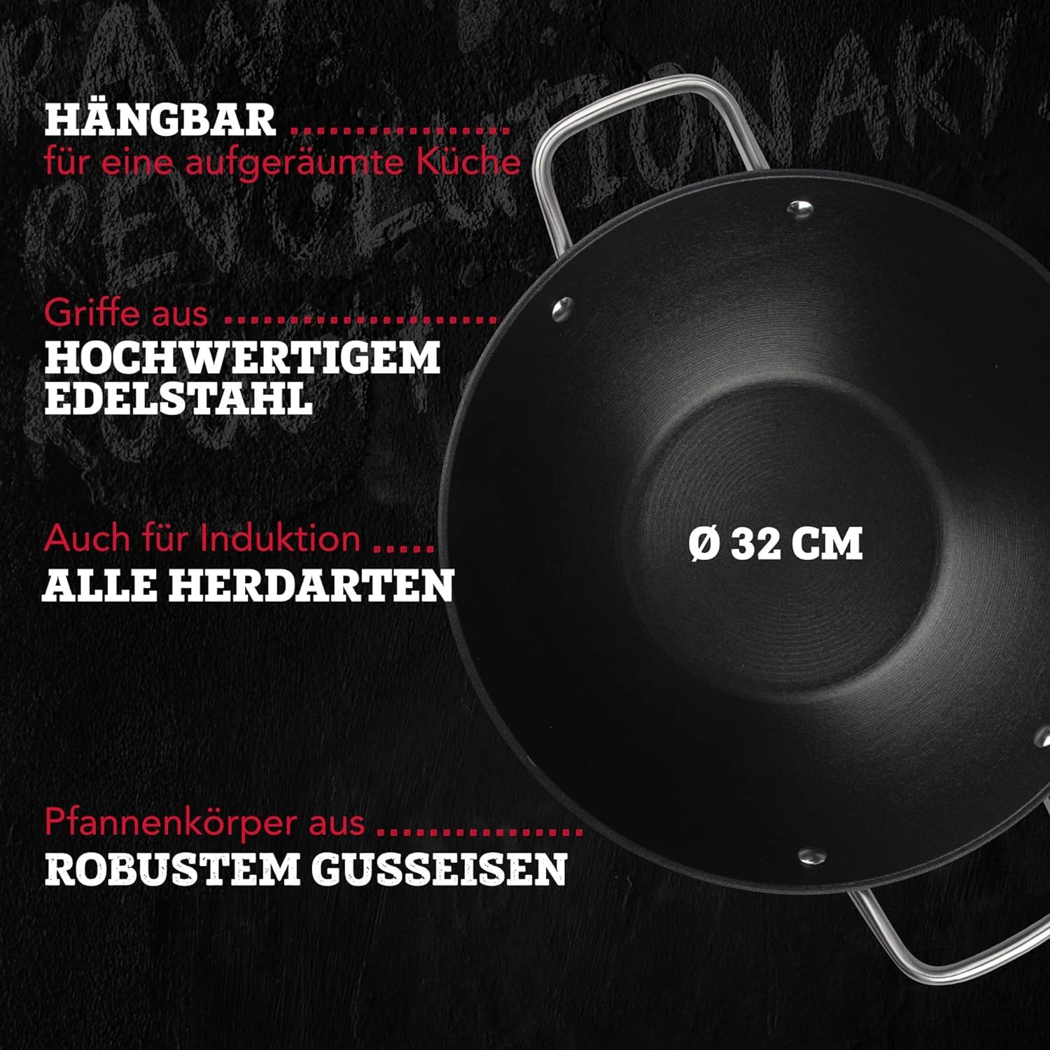 FMProfessional Force Wok aus Gusseisen 32 cm – Wokpfanne mit hochwertiger Antihaftbeschichtung – Geeignet für alle Herdarten (auch Induktion) – ca. 33 x 42,8 x 12 cm