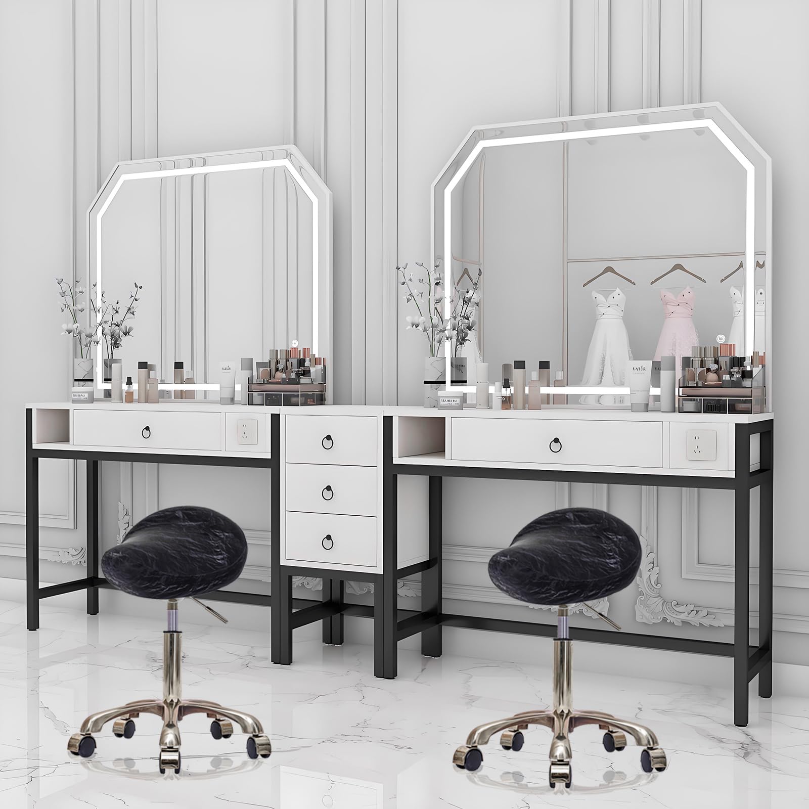 Taburete de Montar, Ergonómico Taburetes con Ruedas Altura Ajustable, Giratorias PU Cuero Giratorias Silla para Peluquería y Tatuajes (Plateado + Negro, Sin Espalda)