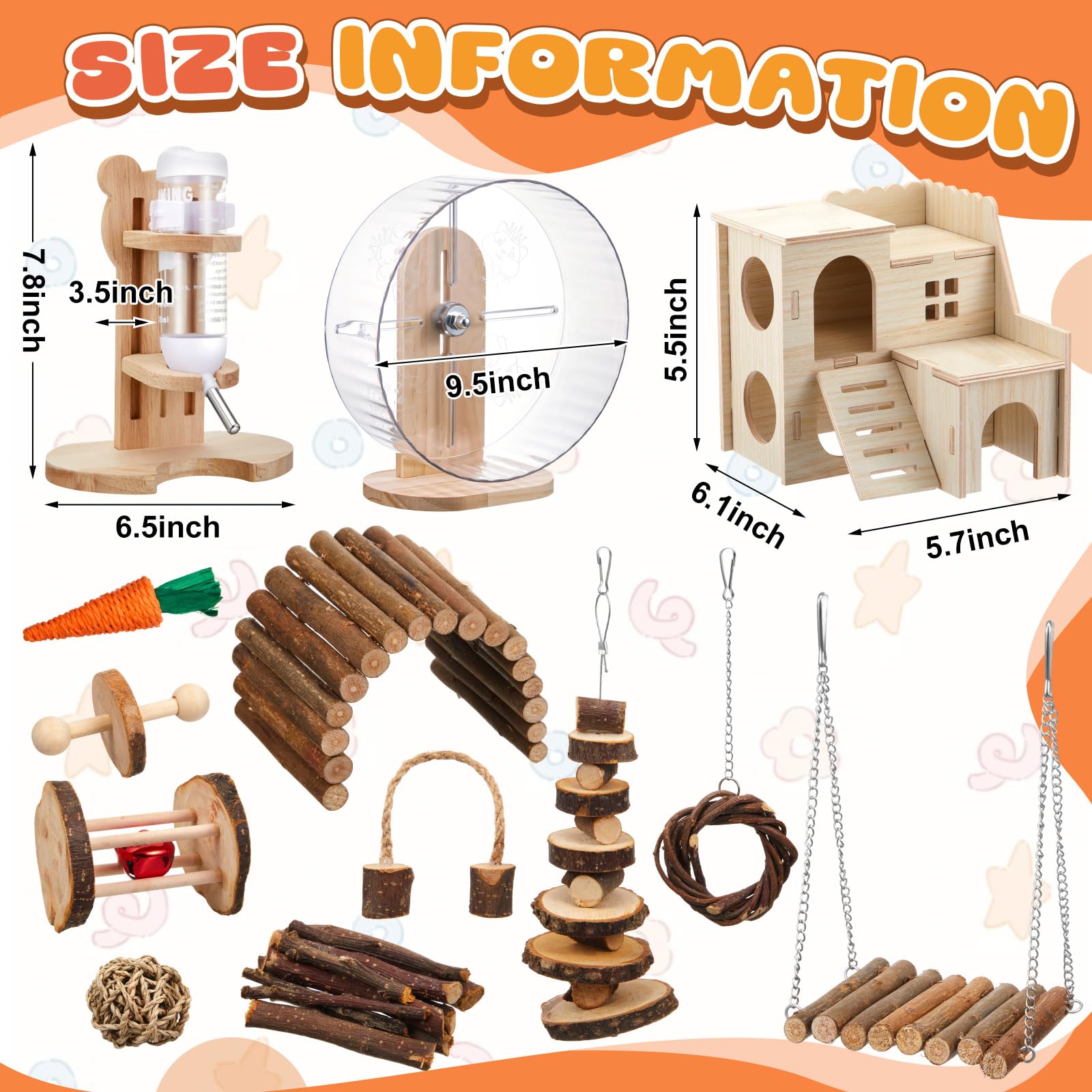 Sonwyoung 18 Pcs Hamster Toys Set, 10 Kinds Small Animal Chewing Toys, Maze Wood House, Silent Exercise Running Wheels and Water Bottle Set for Hamster Habitat Rat Cage Accessories(Mixed Play Style) - image 5