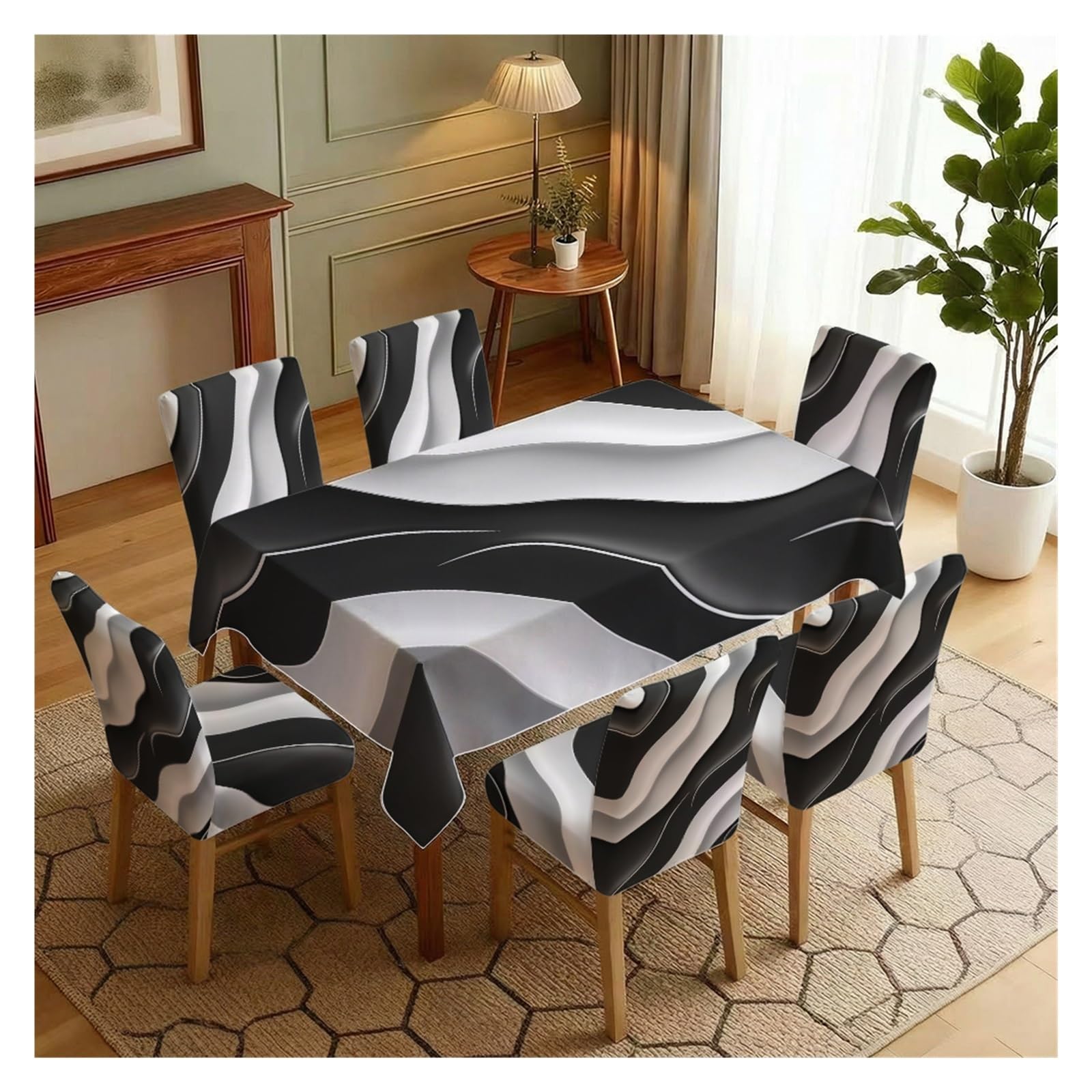 Nappe et housses de chaise au motif vagues géométriques au contraste noir et blanc chic