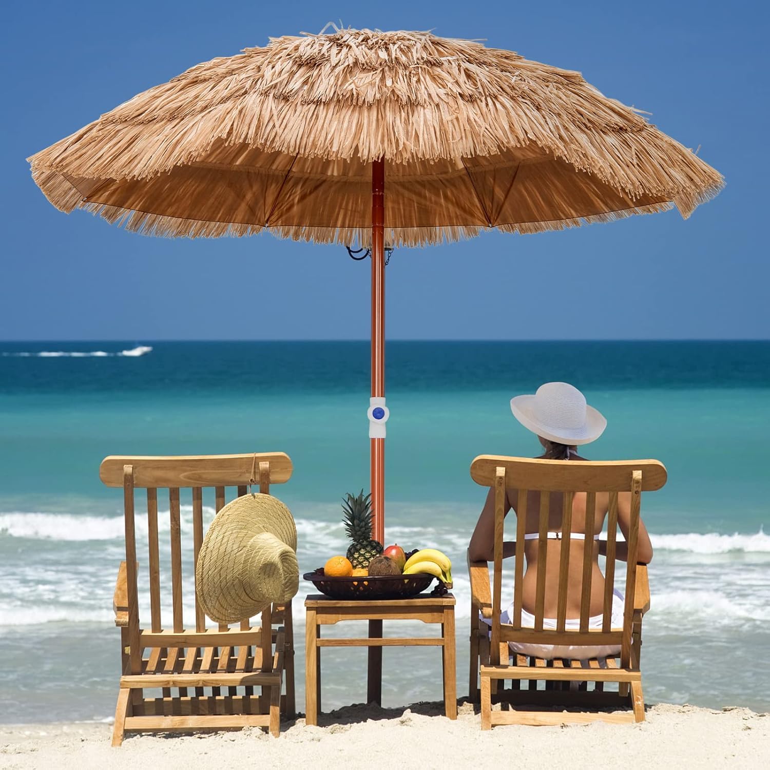 FANTASK Sonnenschirm Hawaii, Gartenschirm höhenverstellbar,Strandschirm Stroh neigbar, UV-Schutz, Strohschirm, Marktschirm, Terrassenschirm mit Tragetasche für Garten, Strand