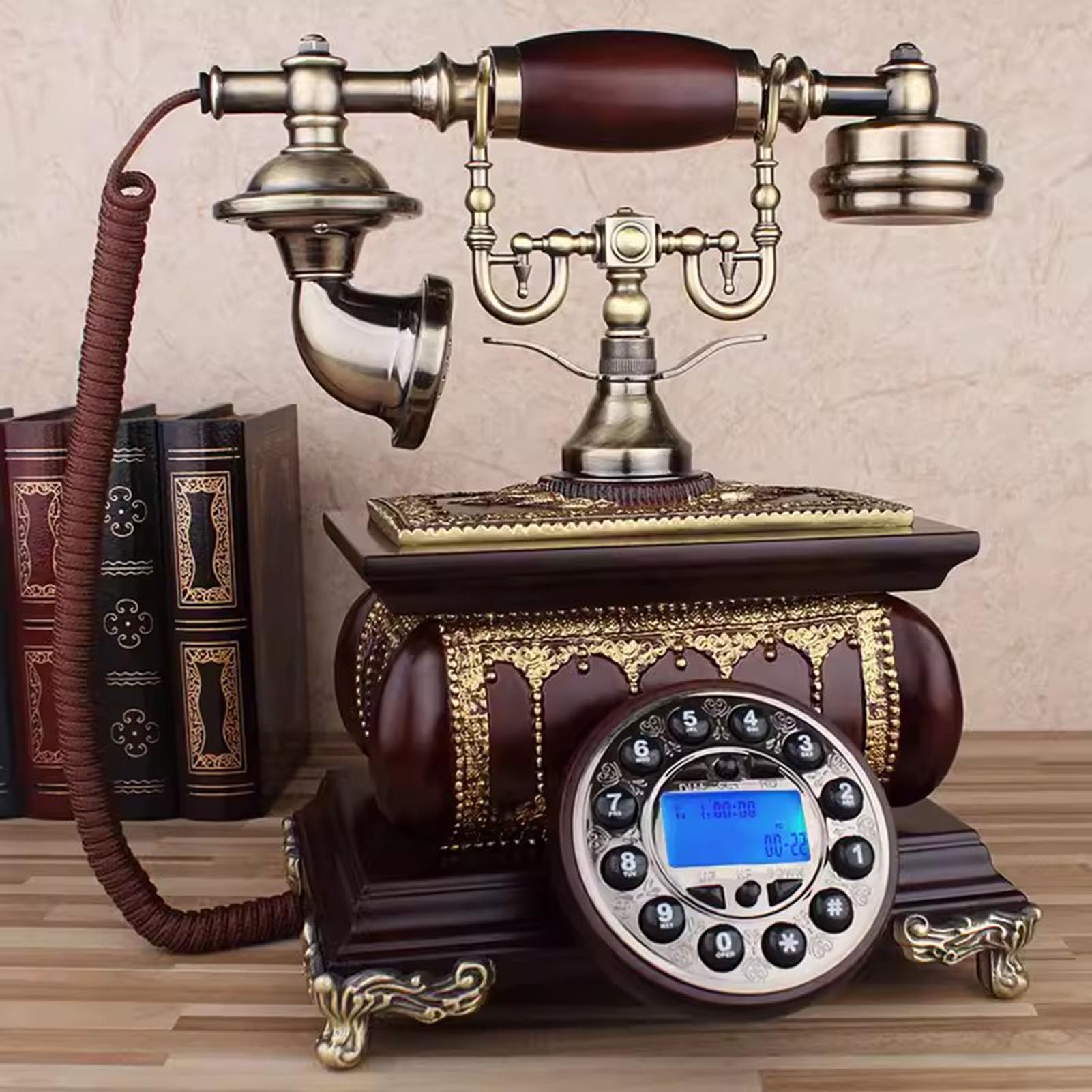 Telefono, Telefono retrò a Disco, Telefono Antico, Telefono retrò con Filo in Legno, Telefono Fisso per casa/Ufficio, Telefono da scrivania Vintage, Telefono a Pulsanti