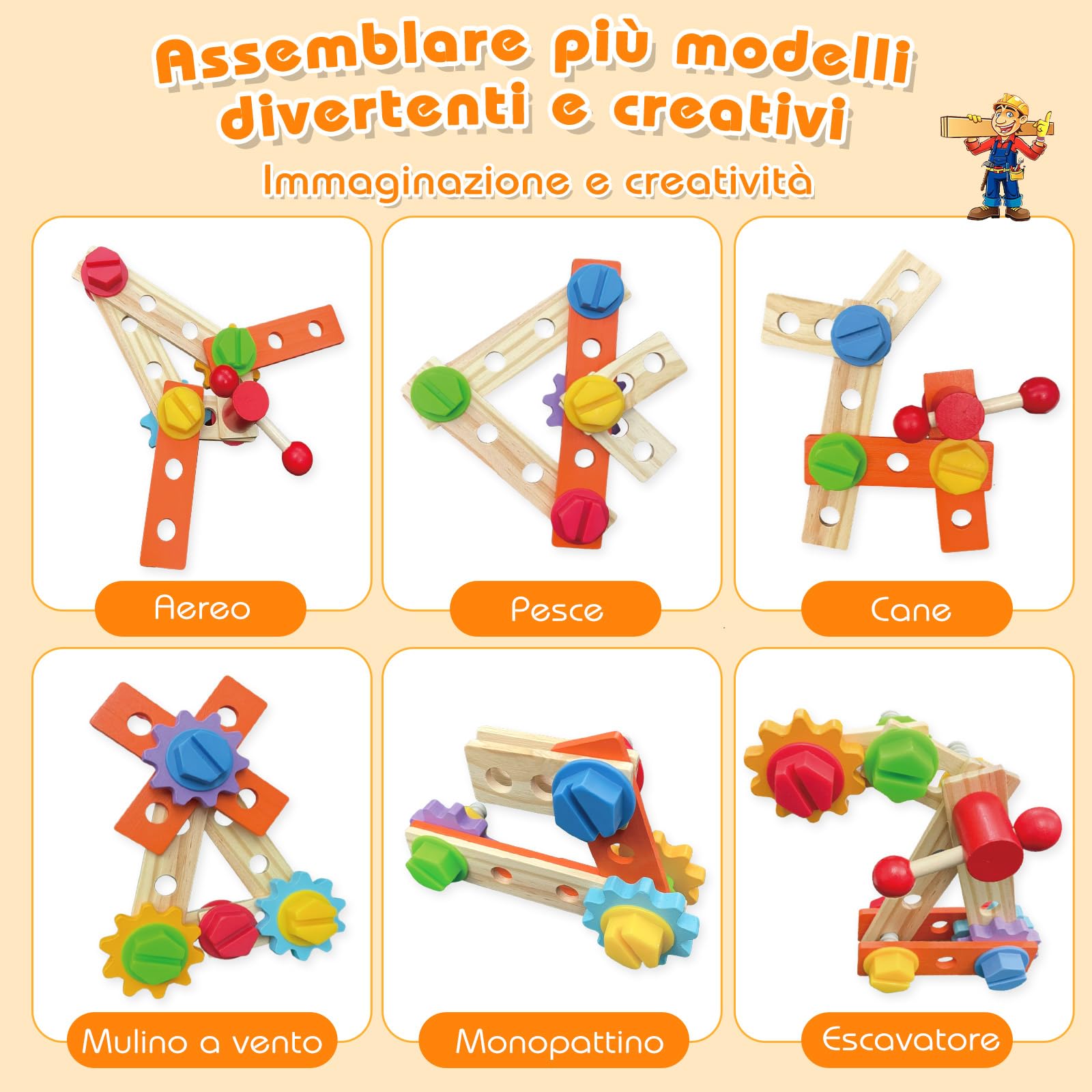 Nauotk Cassetta Attrezzi in Legno, 2 in 1 Camion dei Pompieri con Cassetta Attrezzi Bambini, Attrezzi da Lavoro Giocattolo Bambini,Gioco d’Imitazione, Giocattoli Montessori Ragazzo Ragazza 2 3 4 Anni