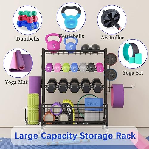 Miniatura 5 de Soporte para mancuernas, estante de almacenamiento de gimnasio en casa para mancuernas, rodillos de espuma, pesas rusas, bandas de resistencia,