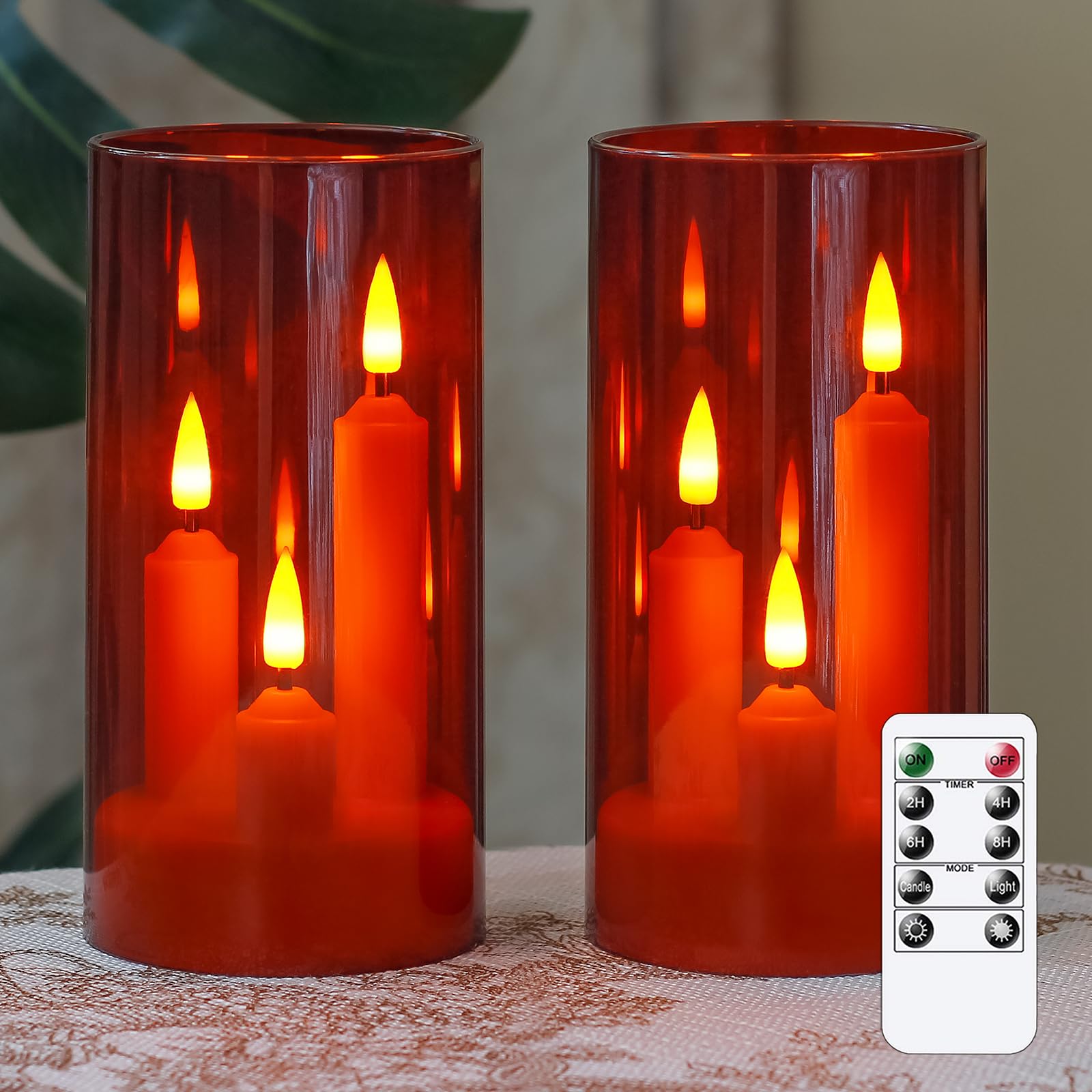 Zevanor 3 in 1 Flammenlose kurze LED-Stabkerzen mit Fernbedienung und Timerfunktion, batteriebetriebenes 2er-Pack Rot Acryl 7,5cm x15cm Säule Flackernde