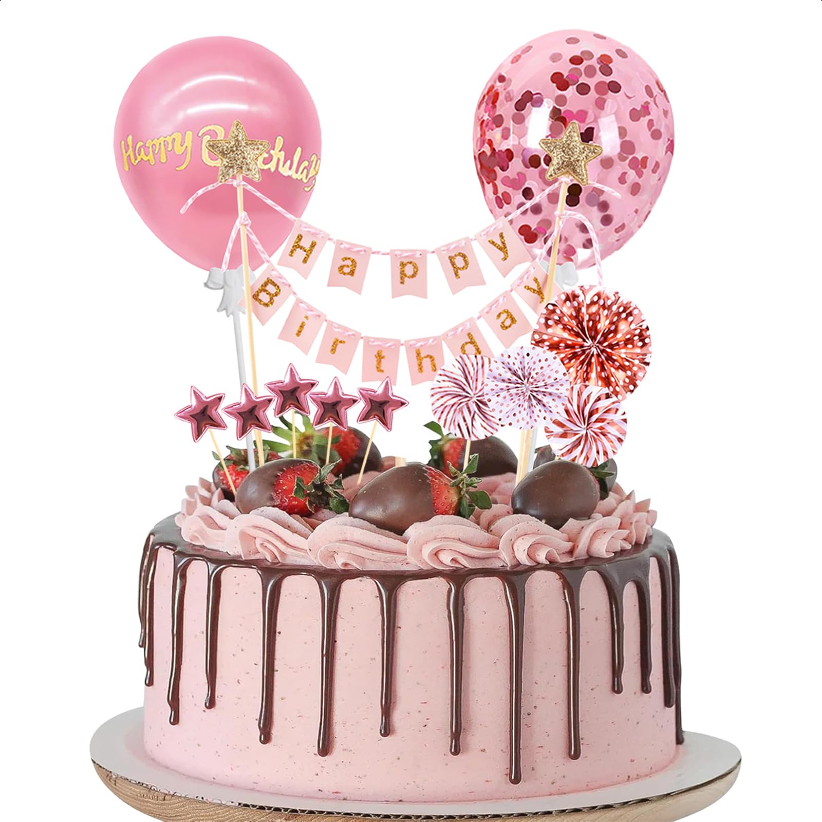 Tortendeko Rosa, 12 Stück Happy Birthday Cake Topper, Kuchendeko Geburtstag, Happy Birthday Kuchen Deko, Torten Deko, Tortenaufleger Personalisiert, Cake Decoration Set für Junge Mädchen