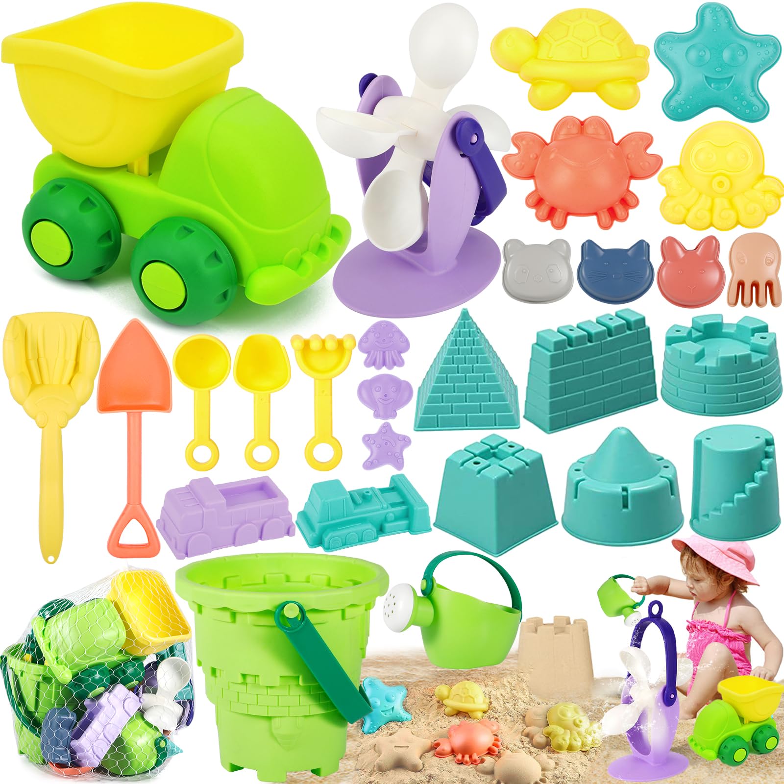MOYKSRR Juguetes Playa, 28 Piezas Juguetes de Playa para Niños, Set Cubo Playa, Conjunto de Juguetes Playa en Bolsa de Malla con Cubo,Palas,Moldes de Arena, Juguete de Exterior Regalo para Niño Niña